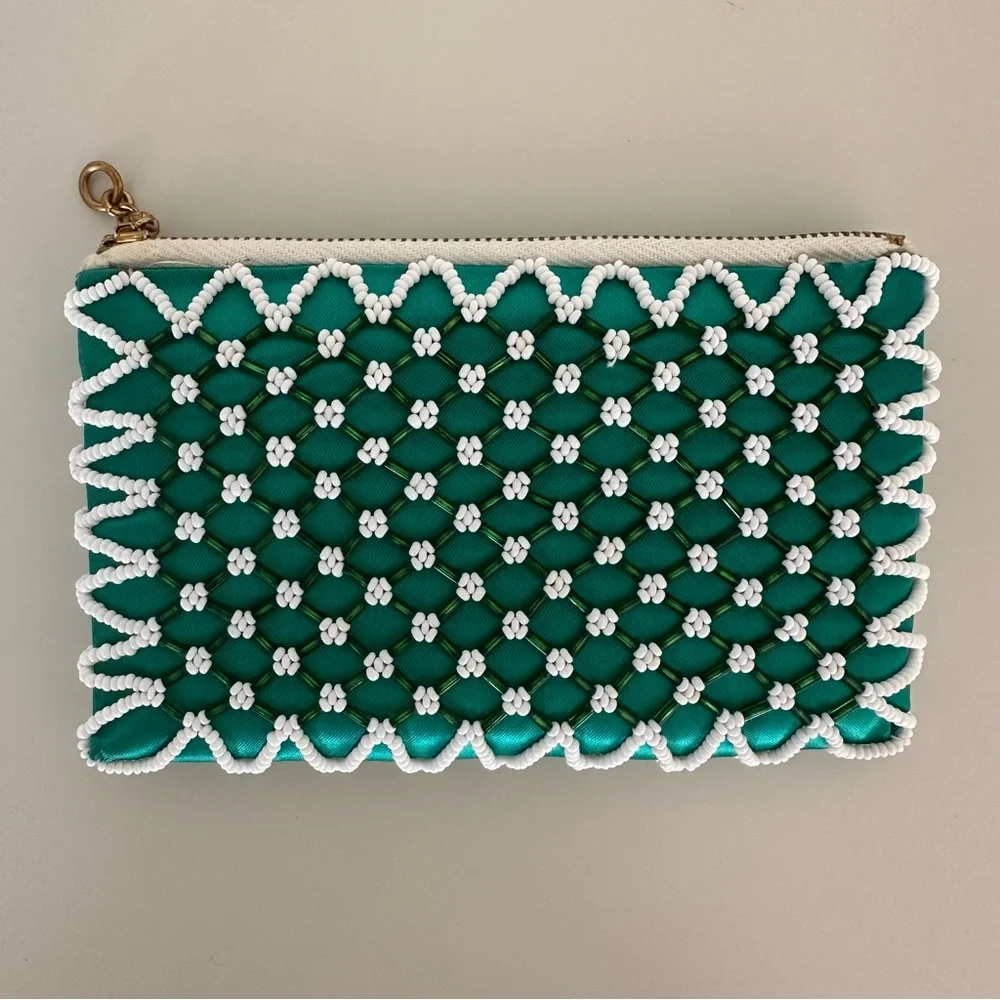 Vintage 1950s Green Silk Small Beaded Satin Pouch Emerald Green and White. 5.5